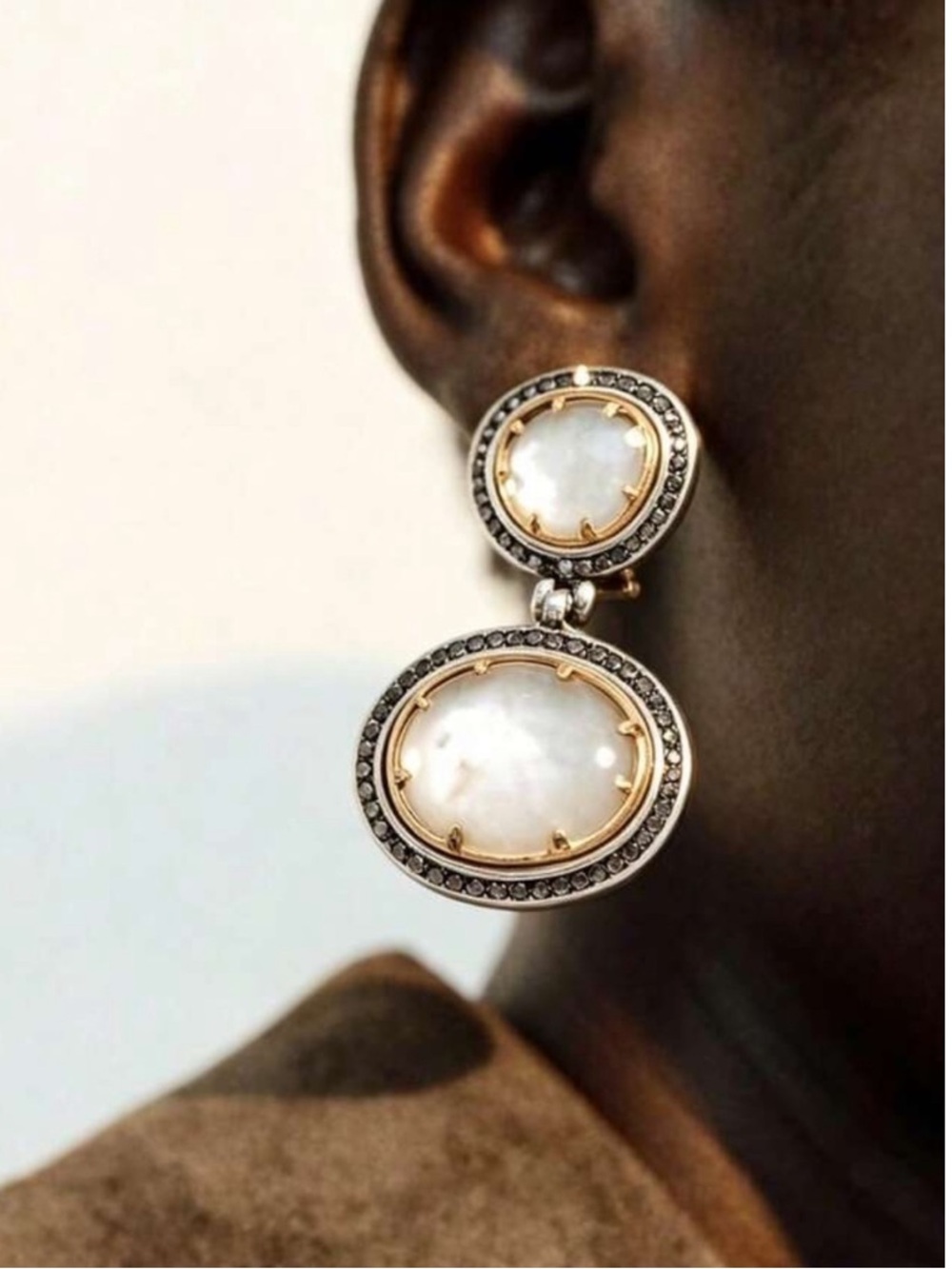 Double Drop White Stone Earrings with Gold and Silver Accents